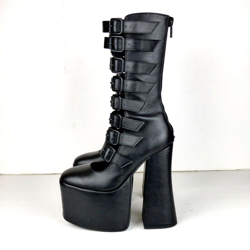 Widow Strappy Buckle Boots 6M Black Vegan Leather Gone Haywire Platform Gothic - Picture 9 of 16